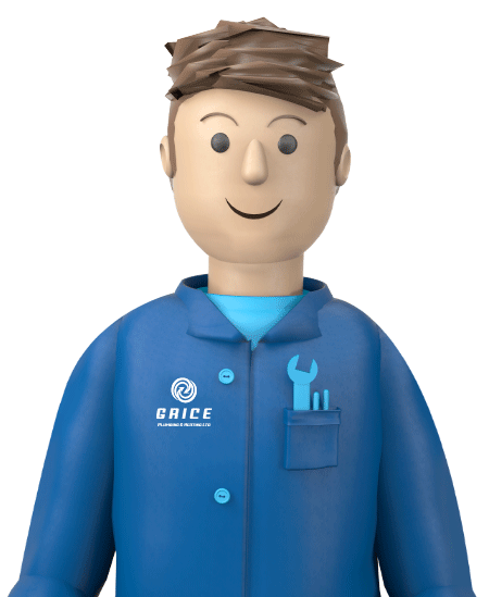 3D cartoon-style illustration of a smiling plumber figure with a toy-like appearance, wearing a blue uniform with a company logo, and holding a wrench.