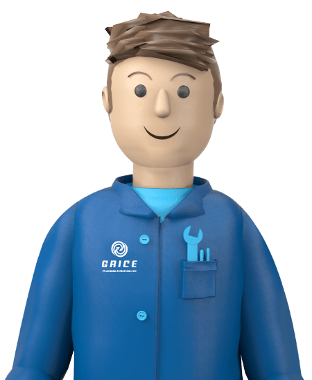 3D cartoon-style illustration of a smiling plumber figure with a toy-like appearance, wearing a blue uniform with a company logo, and holding a wrench.